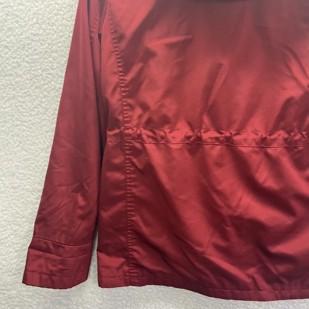 St Johns Bay Jacket Womens Small Red Pockets Full Zip Button Hooded Chore Preppy